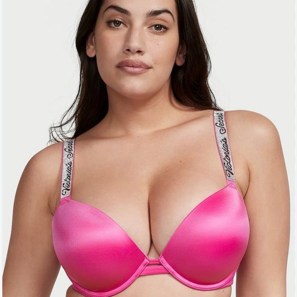 Victoria's Secret Hot Pink Satin Push-Up Bra with Logo Straps